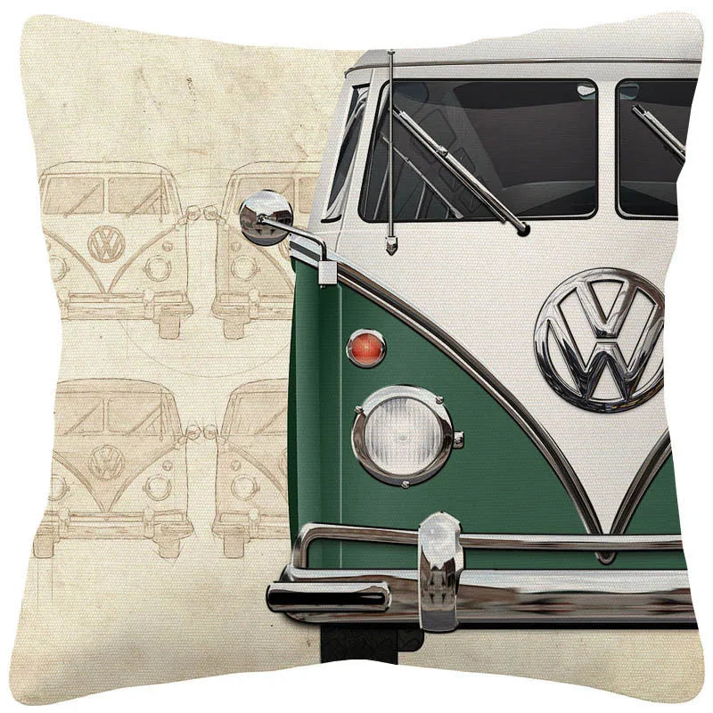 VW Beetle & Kombi Van Cushion Cover | Retro Vintage Car Art | Linen or Plush | 45x45cm