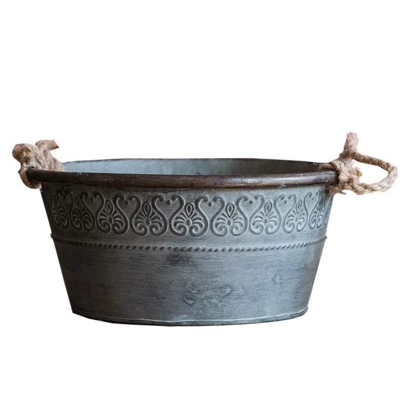 Vintage Galvanised Round Herb Planter with Hemp Rope Handles | Farmhouse Basin