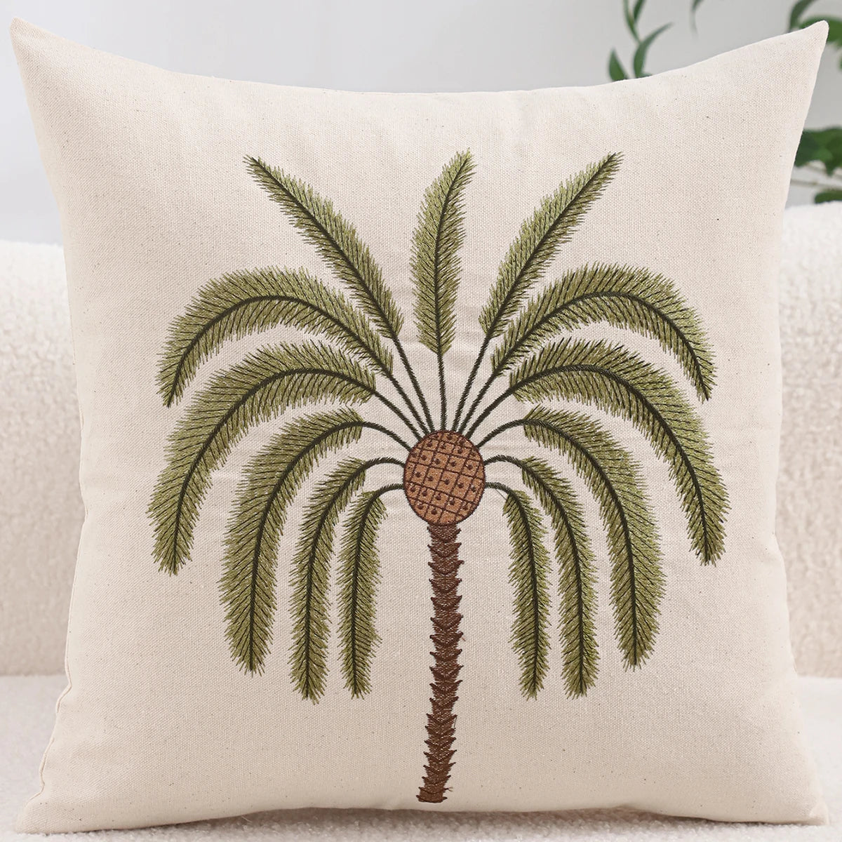 Embroidered Coastal Cushion Cover | Coconut Palm, Seahorse & Ocean Design | 45x45cm