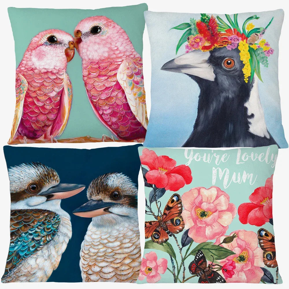 Cushion Cover Brights Bird Parrot Magpie Kookaburra Floral