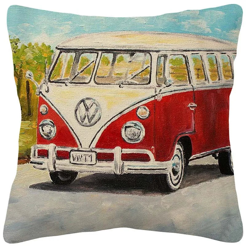 VW Beetle & Kombi Van Cushion Cover | Retro Vintage Car Art | Linen or Plush | 45x45cm