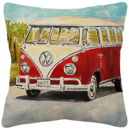VW Beetle & Kombi Van Cushion Cover | Retro Vintage Car Art | Linen or Plush | 45x45cm