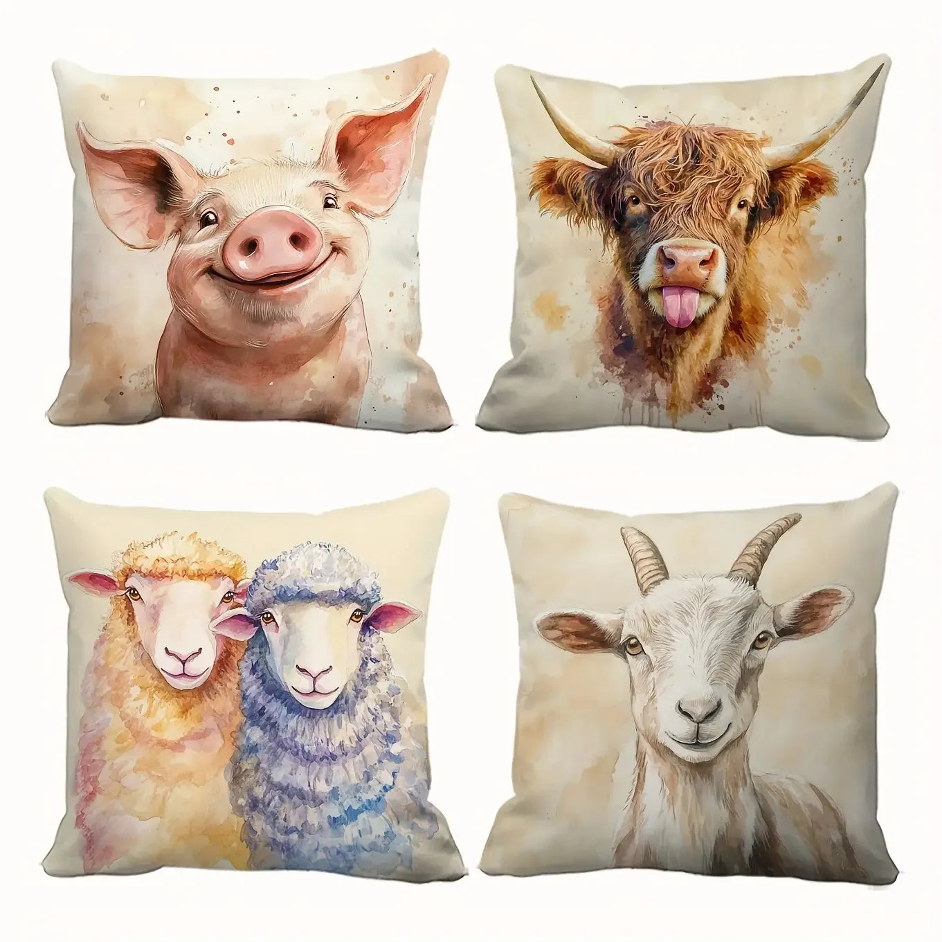 Watercolour Farm Animal Cushion Cover | Highland Cow Pig Sheep Goat | Farmhouse Boho Decor