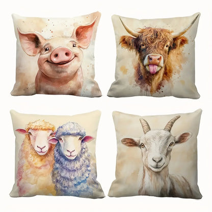 Watercolour Farm Animal Cushion Cover | Highland Cow Pig Sheep Goat | Farmhouse Boho Decor