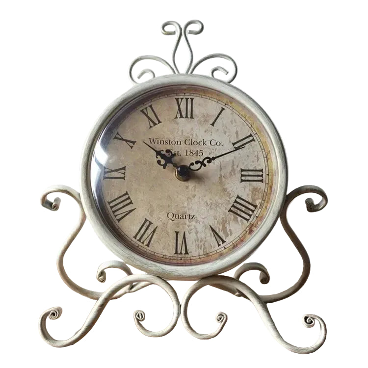 Wrought Iron Desk Clock | Ornate Scrollwork Frame | Silent Quartz | 28cm | Brown or White
