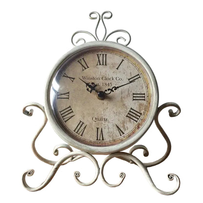 Wrought Iron Desk Clock | Ornate Scrollwork Frame | Silent Quartz | 28cm | Brown or White