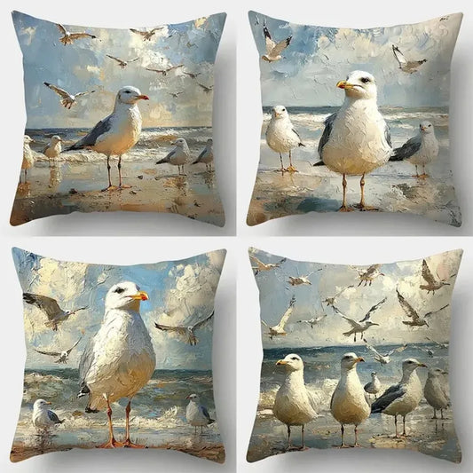 Seagull Beach Coastal Art Cushion Covers | Oil Painting Print Pillow Cases | Hamptons Decor