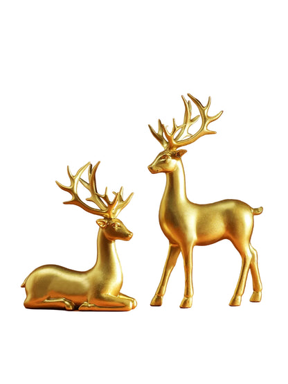 Christmas Reindeer Ornament Set of 2 | Standing & Resting Deer | Resin Table Decor
