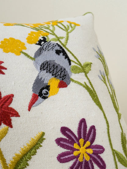 Floral Birds Embroidered Cushion Cover | Botanical Garden Design | Sofa & Bed Decor