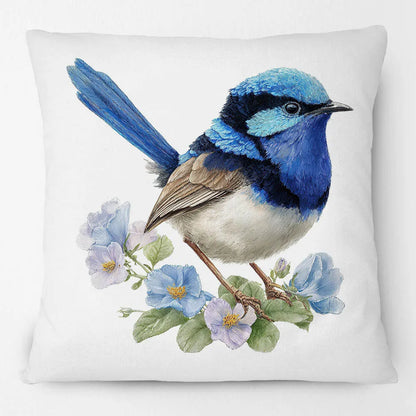 Blue Wren Cushion Cover 45x45cm | Watercolour Bird & Wildflower Pillow Cover | Australian Country Farmhouse Decor