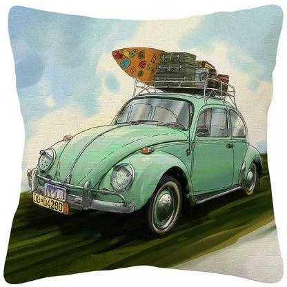 VW Beetle & Kombi Van Cushion Cover | Retro Vintage Car Art | Linen or Plush | 45x45cm