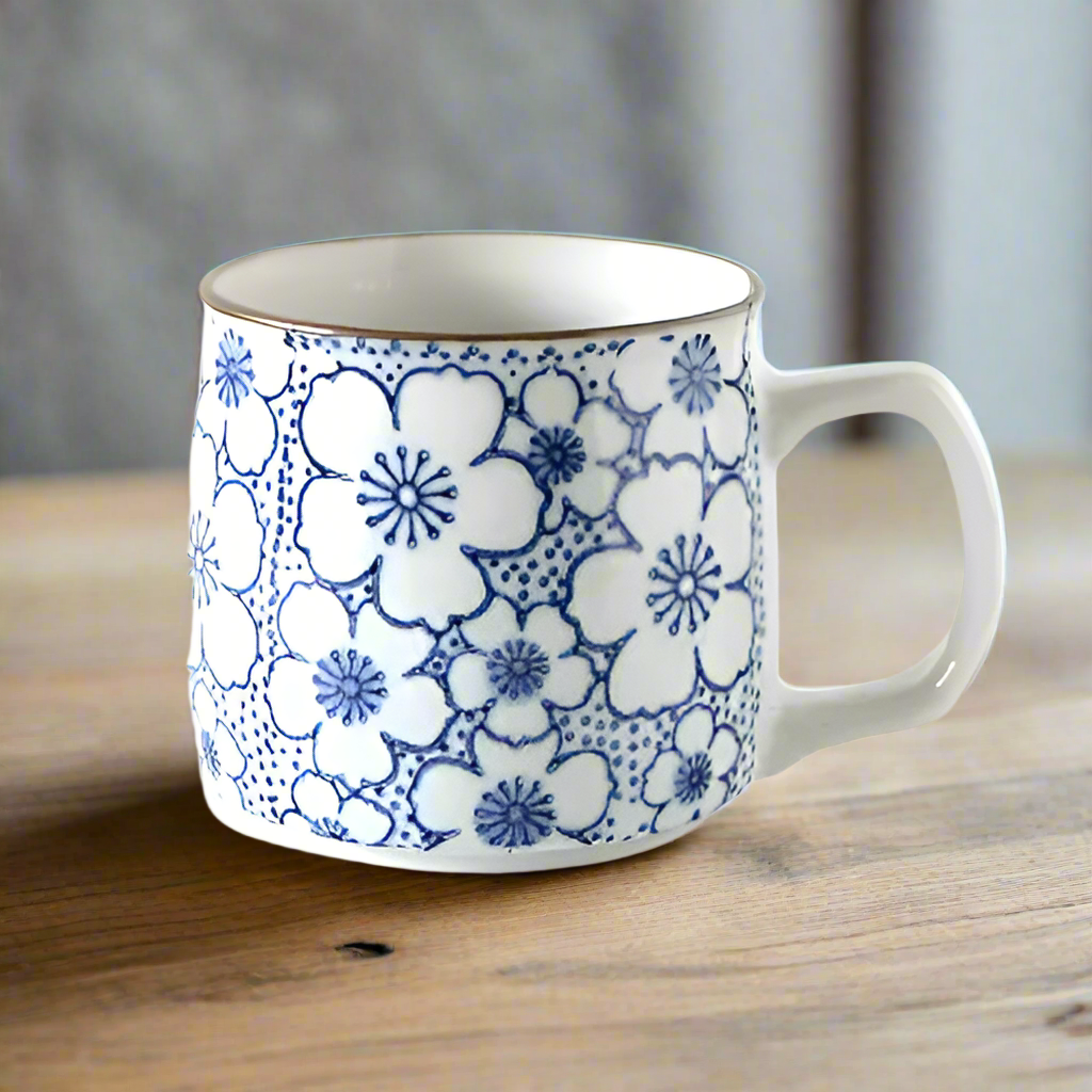 Mug Cup Tea Coffee Hand-painted Blue White Floral