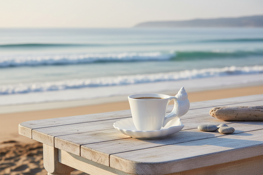 Conch Shell Ceramic Coffee Cup & Saucer | White or Pink Coastal Mug
