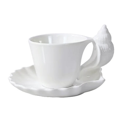 Conch Shell Ceramic Coffee Cup & Saucer | White or Pink Coastal Mug