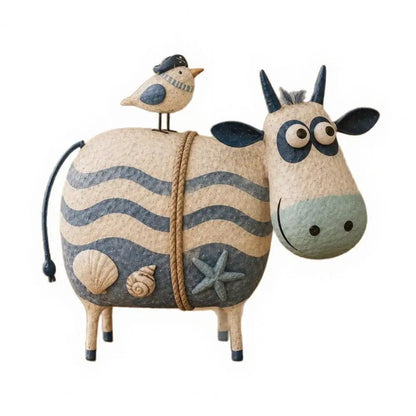 Rustic Cow Figurine with Little Bird | Handcrafted Resin Folk Art Cow Statue | Farmhouse Country Shelf & Desk Decor