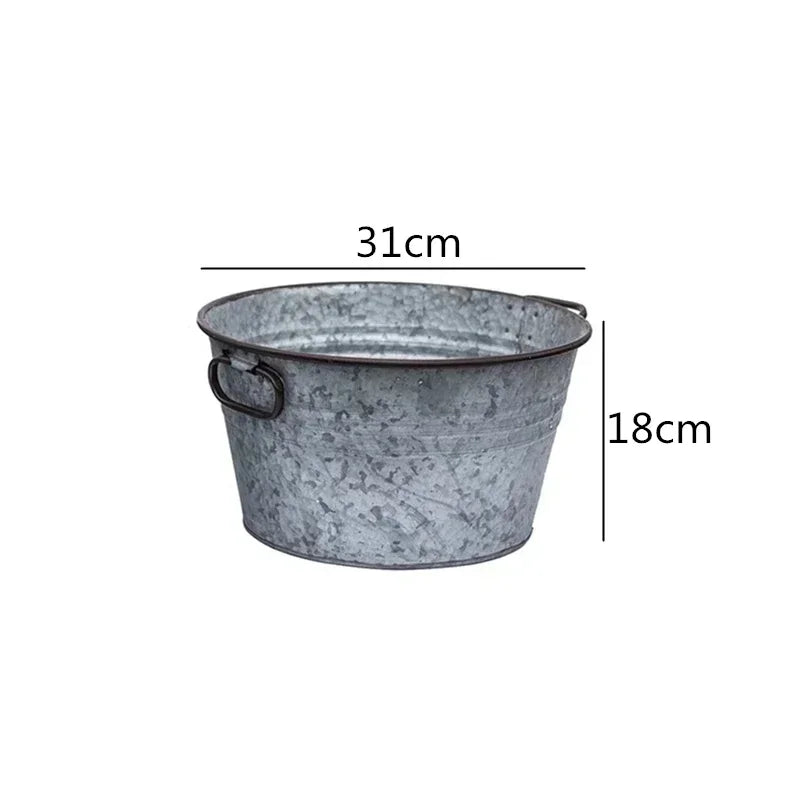 Vintage Round Metal Planter Pot & Storage Tub | Iron Basket with Handles