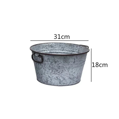 Vintage Round Metal Planter Pot & Storage Tub | Iron Basket with Handles