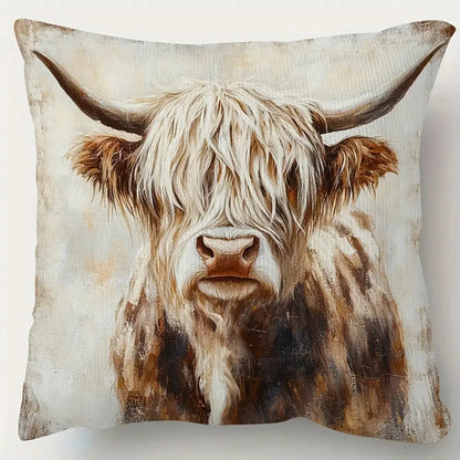 Highland Cow Cushion Cover | Rustic Vintage Oil Art Print | Farmhouse Throw Pillow Case