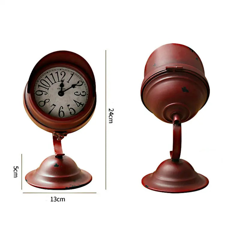 Vintage Red Searchlight Table Clock | Rustic Iron Desk Clock