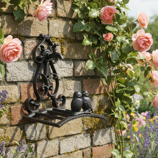 Decorative metal wall hook with birds on a stone wall surrounded by flowers and plants.