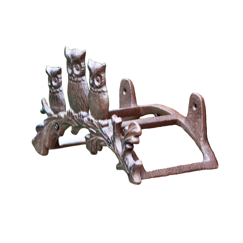 Cast Iron Three Owls Garden Hose Holder — Vintage Rustic Wall Mounted Water Pipe Rack