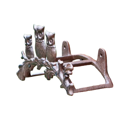 Cast Iron Three Owls Garden Hose Holder — Vintage Rustic Wall Mounted Water Pipe Rack