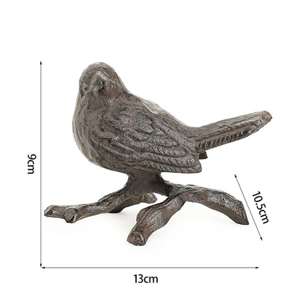 Cast Iron Wren Bird Sculpture | Rustic Bird Ornament on Branch | Farmhouse Garden & Home Decor | White or Brown