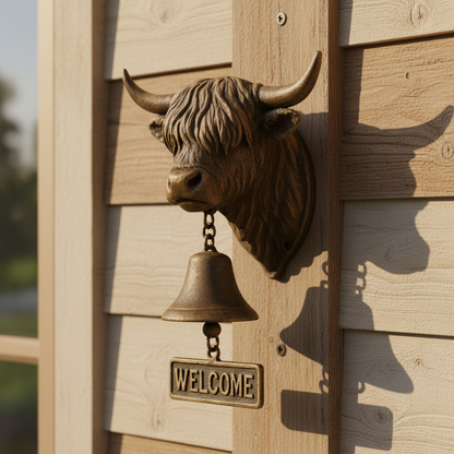 Highland Cow Head Doorbell with Welcome Sign Rustic Resin Hanging