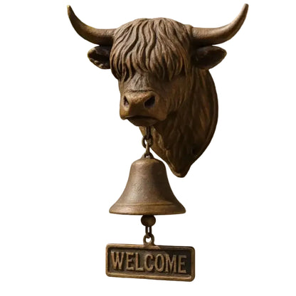 Highland Cow Head Doorbell with Welcome Sign Rustic Resin Hanging