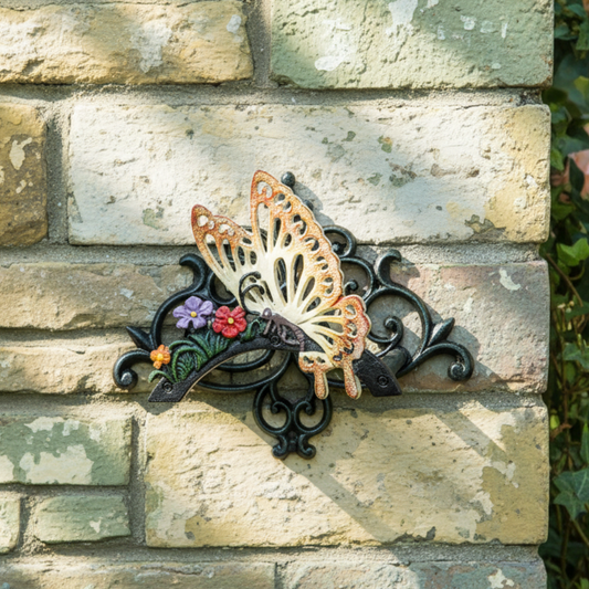 Decorative butterfly wall art on a stone wall with flowers in the background