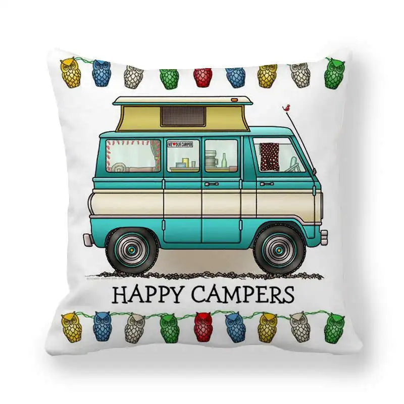 Happy Campers Cushion Cover Camping Caravan Motorhome