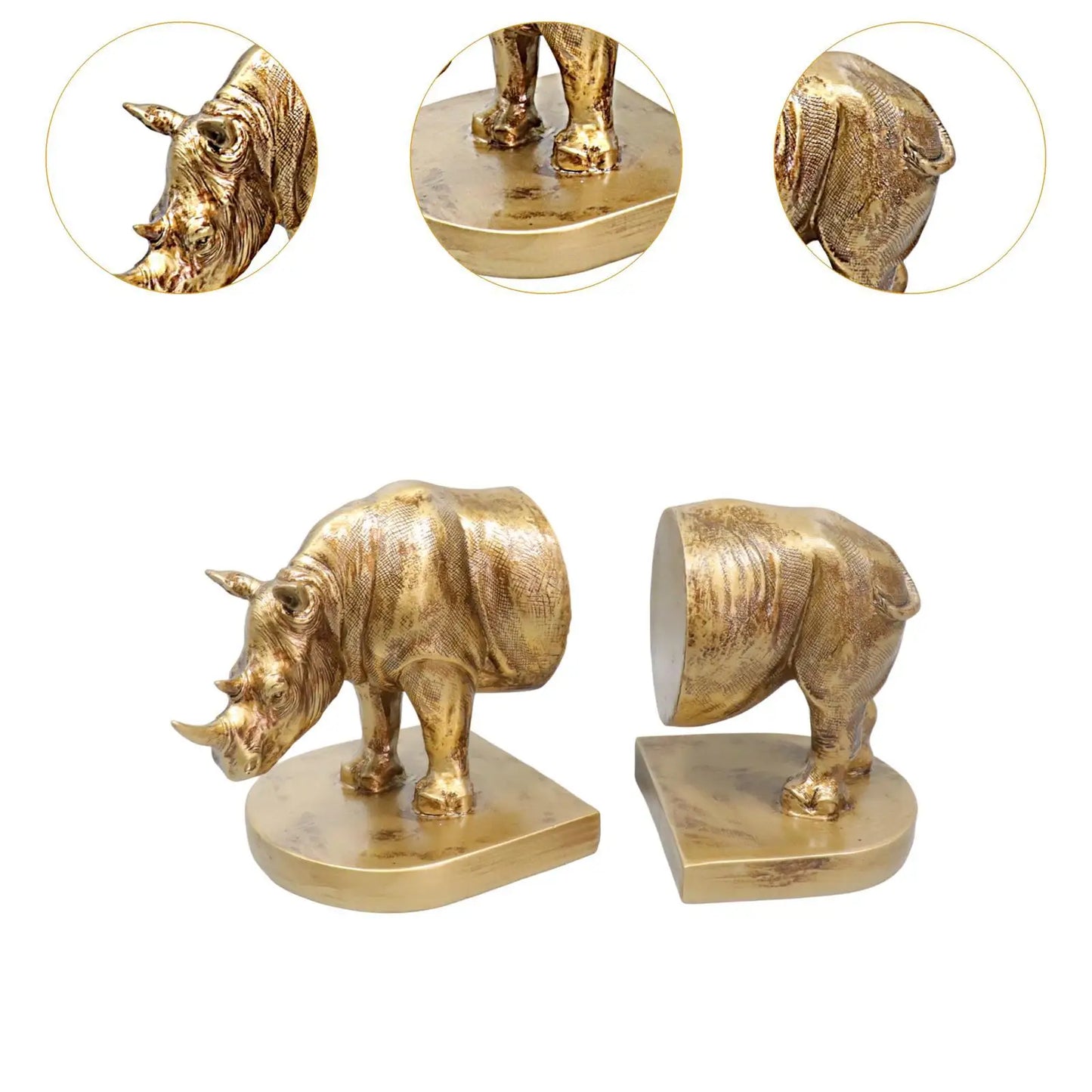 Rhino Bookends Gold Decorative Resin Rhinoceros Book Ends Pair 25x12x15cm