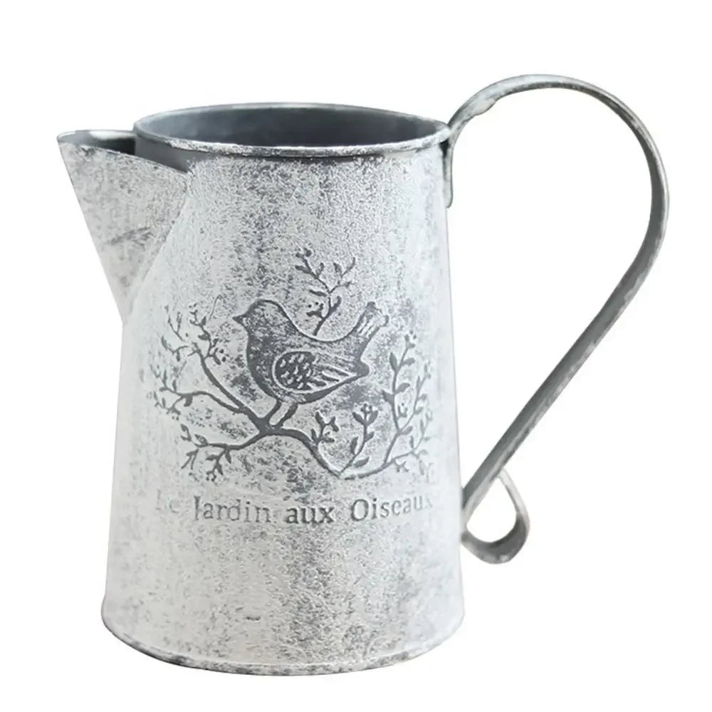 French Vintage Metal Pitcher Vase | Le Jardin aux Oiseaux | Rustic Galvanized Jug | Flower Holder | S & L