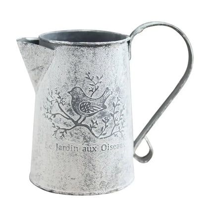 French Vintage Metal Pitcher Vase | Le Jardin aux Oiseaux | Rustic Galvanized Jug | Flower Holder | S & L