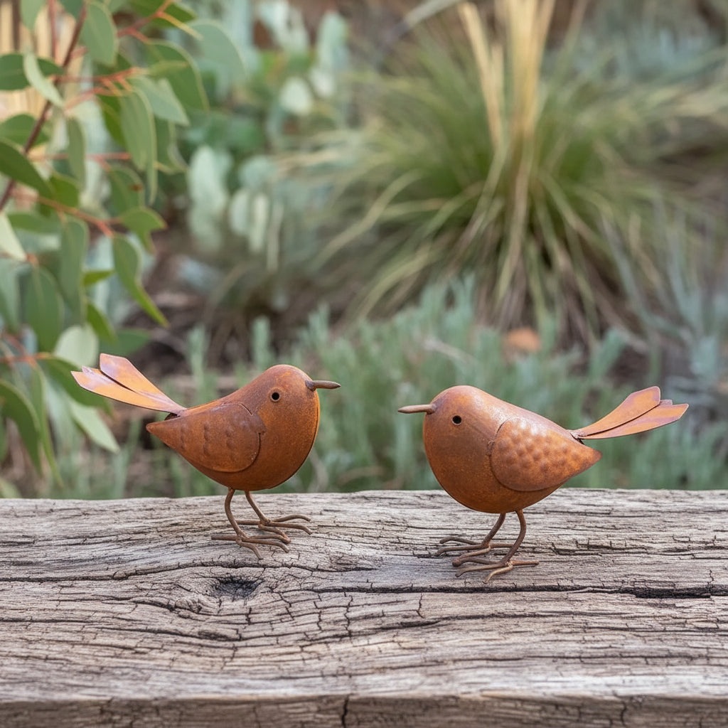 Metal Bird Garden Art Rusty Iron Set of 2 Outdoor Decor