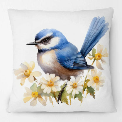 Blue Wren Cushion Cover 45x45cm | Watercolour Bird & Wildflower Pillow Cover | Australian Country Farmhouse Decor