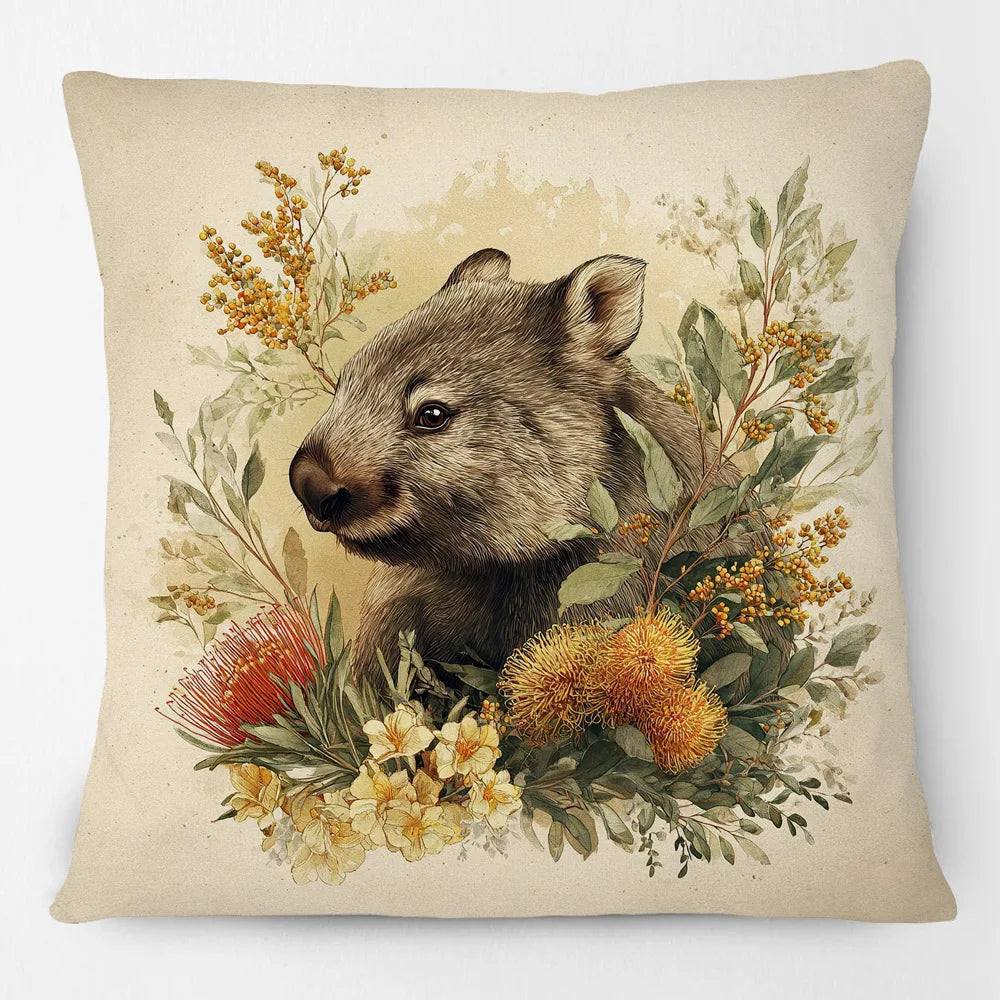 Australian Wombat Cushion Cover | Native Wildflowers Bottlebrush Banksia | 12 Designs | Aussie Gift