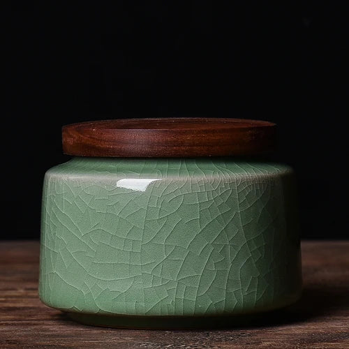 Celadon Ceramic Storage Jar with Wooden Lid — Tea, Jewellery & Trinket Box