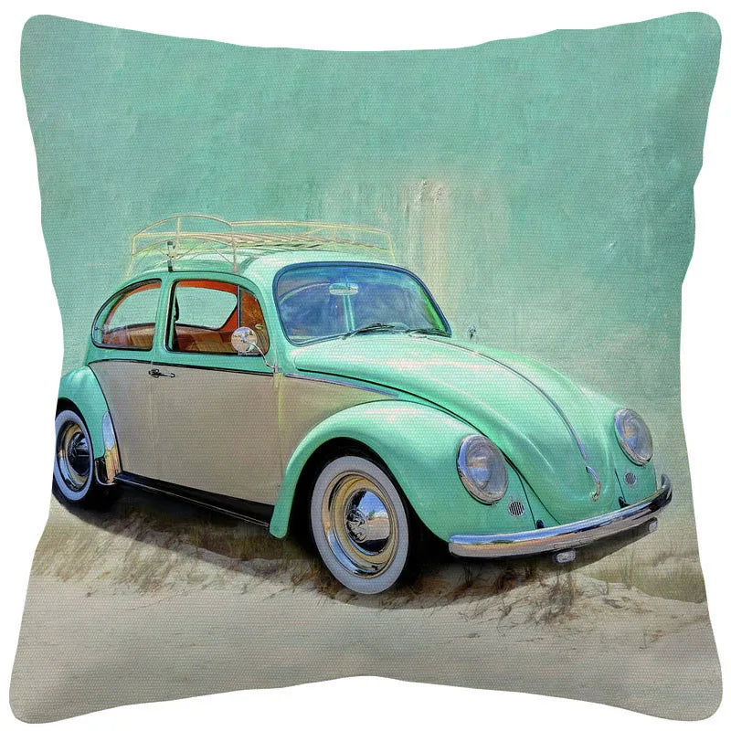 VW Beetle & Kombi Van Cushion Cover | Retro Vintage Car Art | Linen or Plush | 45x45cm