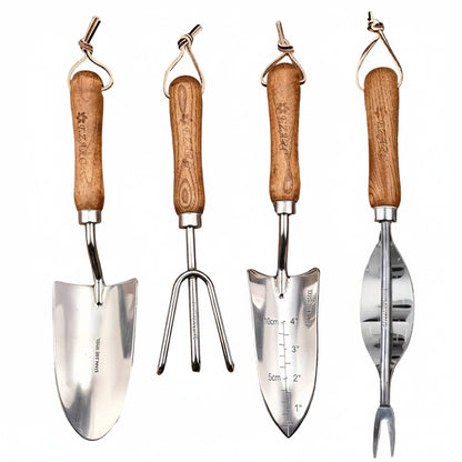 Garden Tool Set | Stainless Steel Wood Handle Trowel Rake Weeder Set of 4
