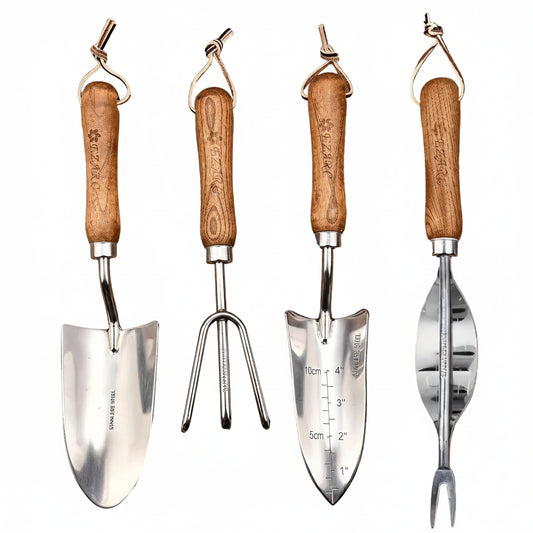 Garden Tool Set | Stainless Steel Wood Handle Trowel Rake Weeder Set of 4