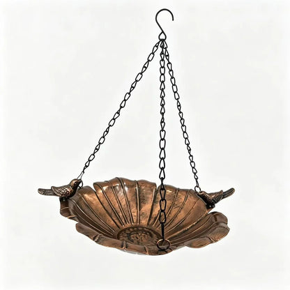 Hanging Bird Bath & Feeder | Antique Copper Shell Dish with Perched Birds | Vintage Metal Garden, Balcony & Courtyard Decor