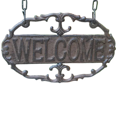 Welcome Sign Oval Cast Iron Rustic Double-Sided Hanging - 22x31cm