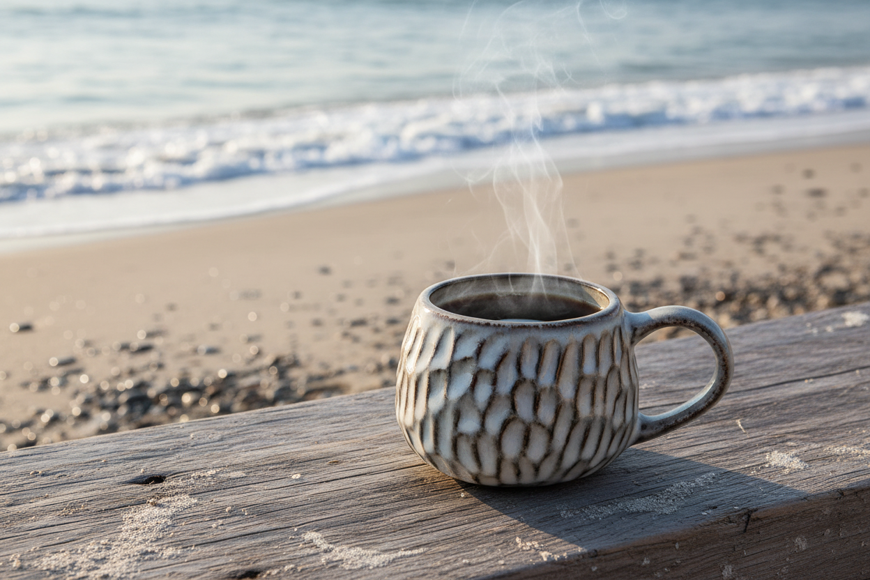 Ceramic mug with textured design and measurement details on a white background