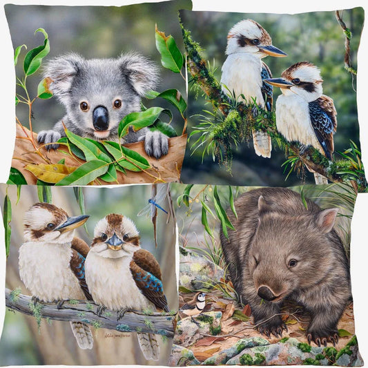 Australian Wildlife Cushion Cover | Koala Kookaburra Wren Finch Cockatoo | 45cm | Aussie Gift