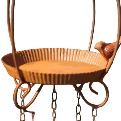 Hanging Bird Feeder Tray with Wind Chime | Rustic Wrought Iron Seed & Nut Tray Bird Bath | Garden, Tree & Backyard Decor