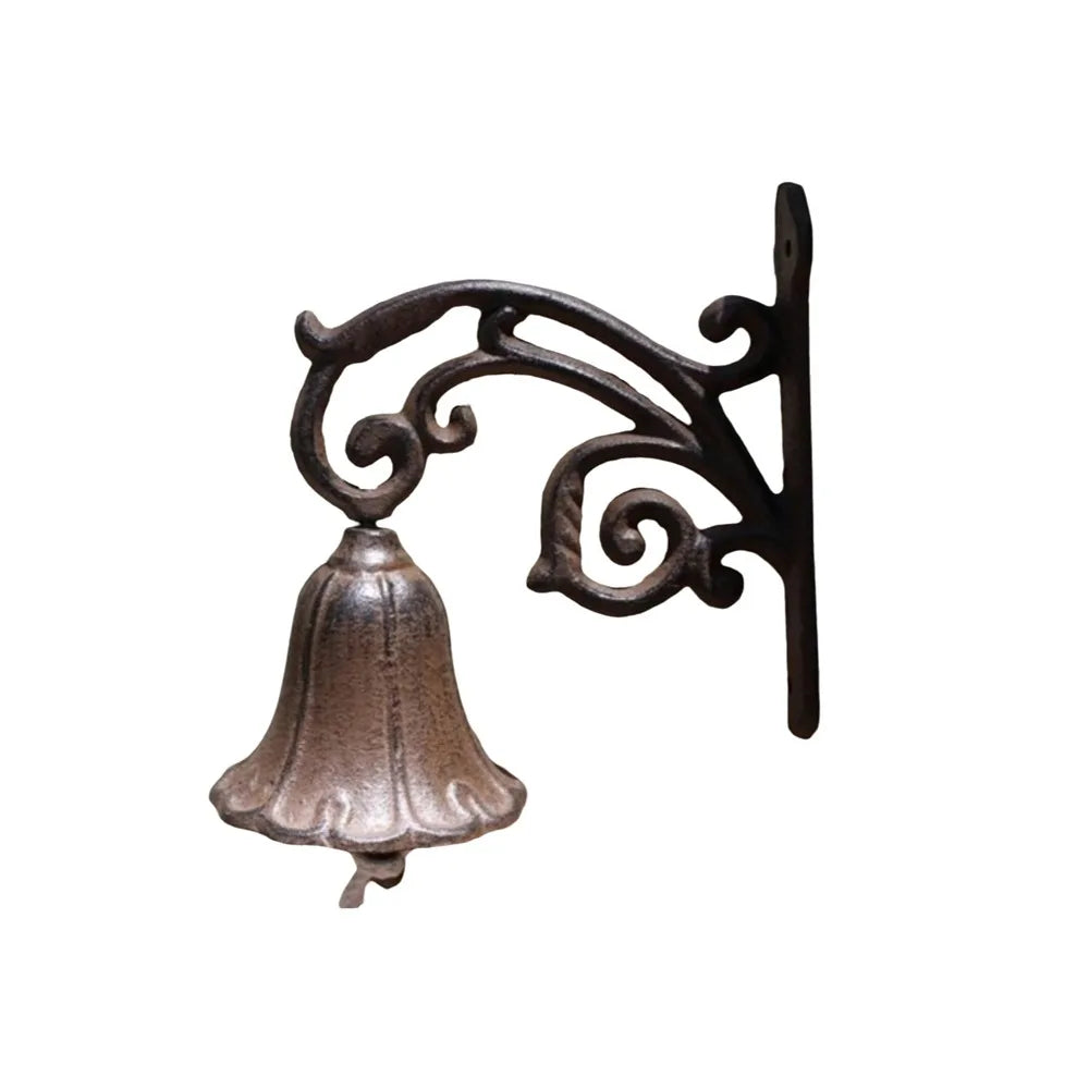 Vintage Iron Flower Door Bell | Bronze Scrollwork Bracket | Cottage Welcome Bell