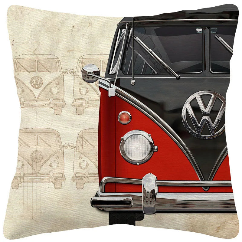 VW Beetle & Kombi Van Cushion Cover | Retro Vintage Car Art | Linen or Plush | 45x45cm