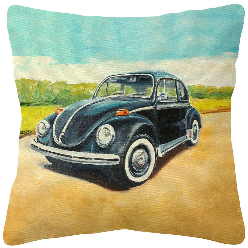 VW Beetle & Kombi Van Cushion Cover | Retro Vintage Car Art | Linen or Plush | 45x45cm