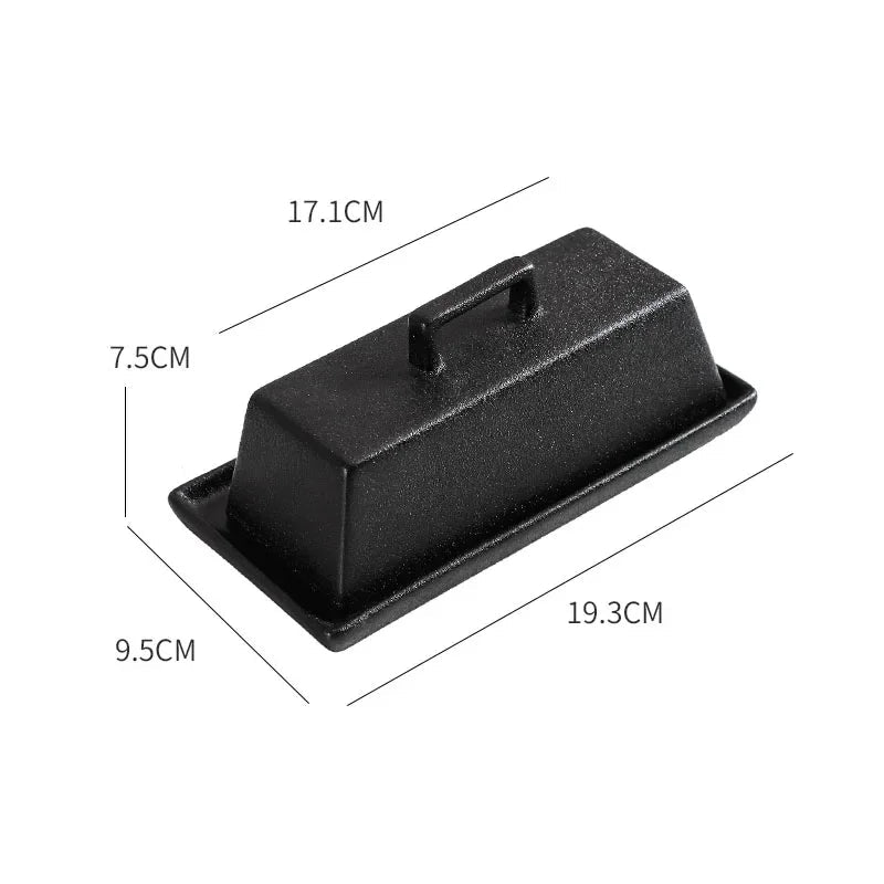 Black rectangular lidded container with a handle and tray base, shown with dimension lines and measurements: 17.1 cm length, 9.